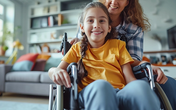 mom pushing daughter in wheelchair